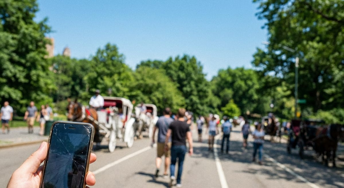 一隻手在紐約中央公園背景前舉著螢幕碎裂的手機，背景模糊可見馬車與翠綠樹木。