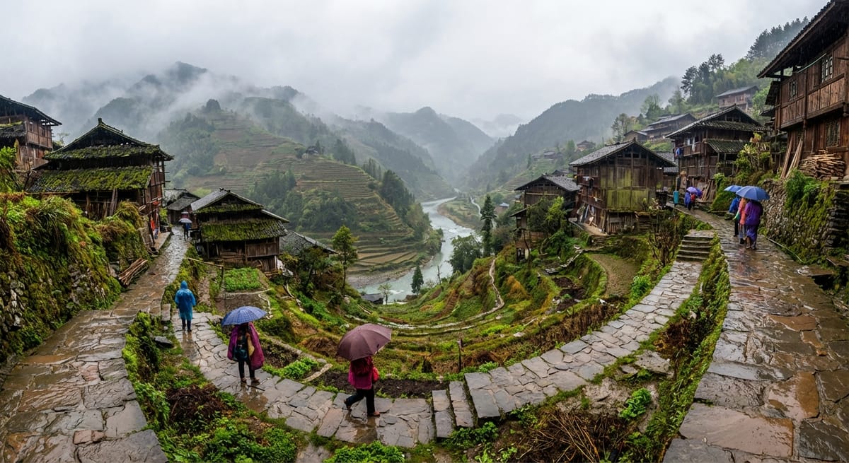 中國四川山區傳統木造建築村落，雨天中人們撐傘走在蜿蜒的石板路上，遠處有河流與雲霧繚繞的梯田山景。