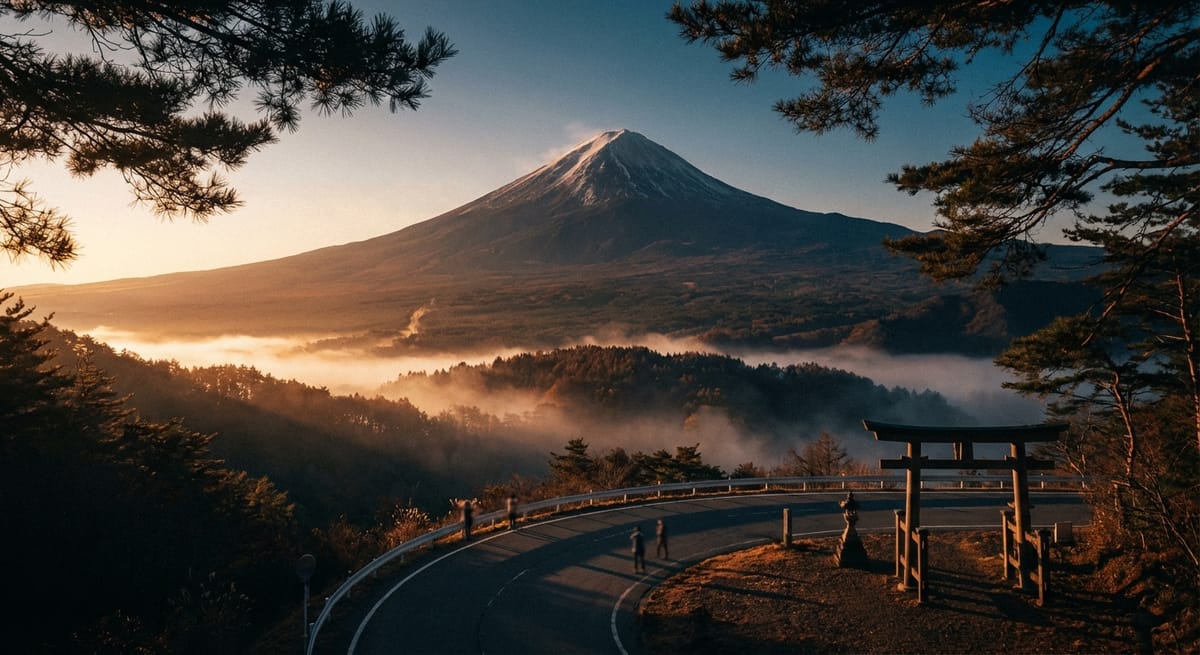 晨曦中的日本富士山，前景有一座木造鳥居與蜿蜒的山路，山谷間雲海繚繞，兩側有松樹枝條框景。